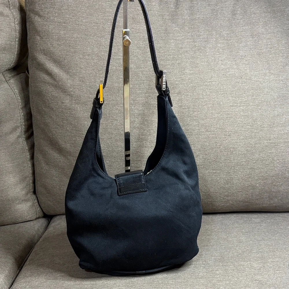 Vintage FENDI Black Linen Hobo Bag FF Hardware Authenticated